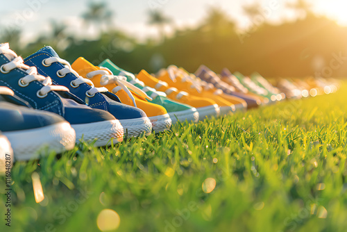 outdoor sports event, kids sneakers lie on grass, a whistle blows, cheers fill the air as the competition intensifies on this action-packed sports day photo