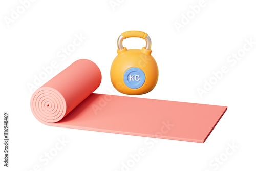 3d rendering Yoga mat and kettlebells
