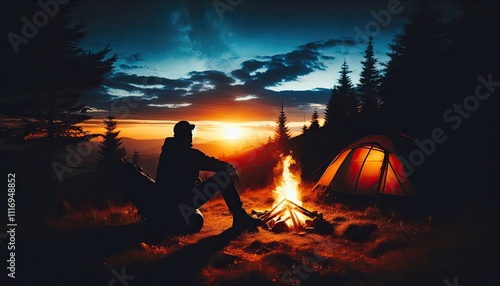 A camper sitting by a roaring campfire, silhouette, action photography, aesthetics,