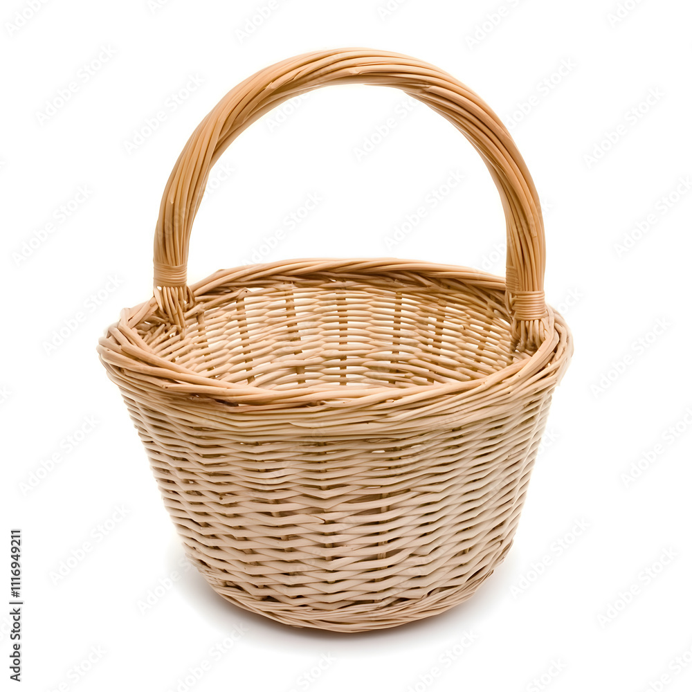 Fototapeta premium Natural Woven Basket with Handle for Decorative Storage, Crafts, or Flower Arrangement, Handcrafted from Sustainable Materials, Classic Design for Any Occasion