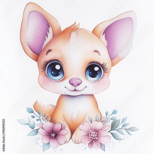 Watercolor illustartion of cute chihuahua dog in flowers isolated on white background. Cute style clipart photo