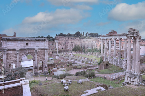 The Roman Forum or Foro Romano, with the ruins of ancient Roman Empire government buildings, as the Senate House, offices, tribunals, temples, and statues gradually cluttered the area. Rome. 2017 photo