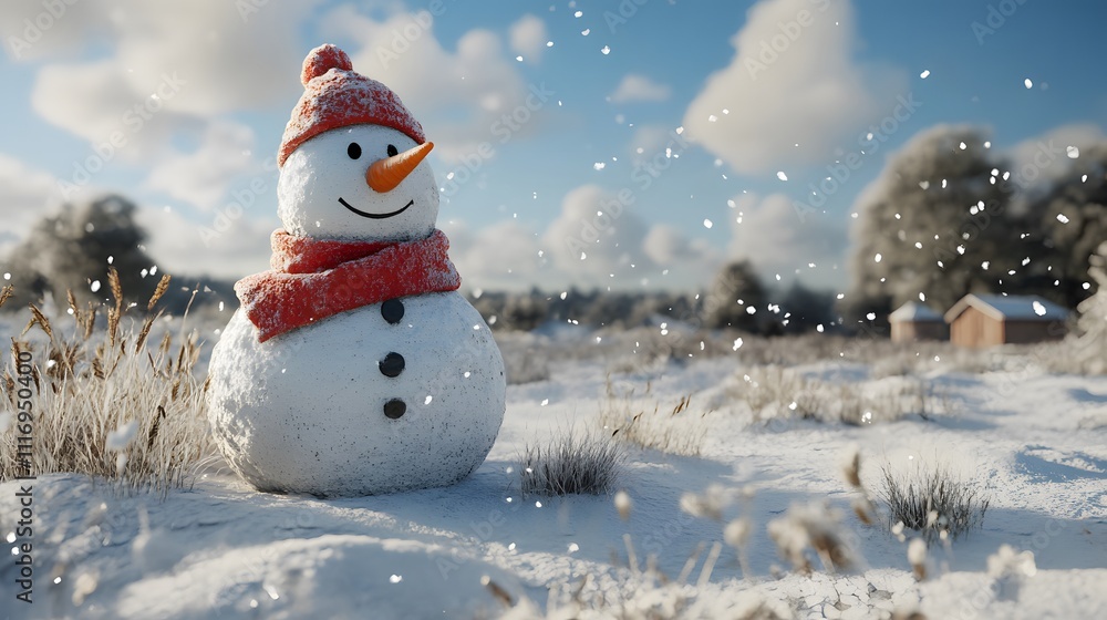 Fototapeta premium Snowman with a scarf and carrot nose in a snowy backyard, 8k, High detail