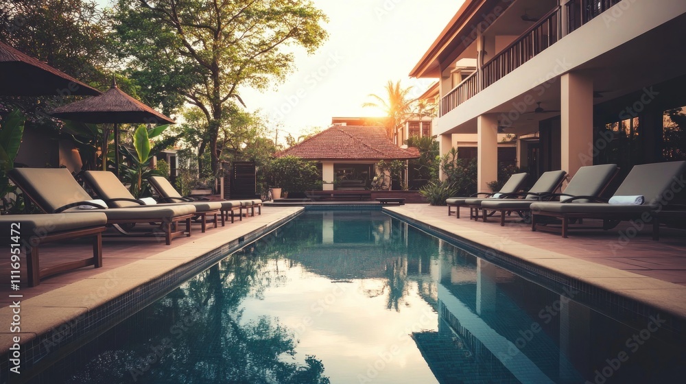 Fototapeta premium Luxury Resort Poolside Serenity at Sunset