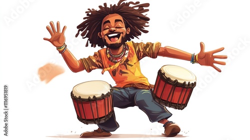 a 2D cartoon illustration of a man playing a bongo drum, rhythmic and energetic, white background--ar 16:9 photo