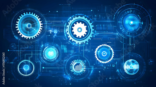 Abstract digital technology background with gears and circuits.