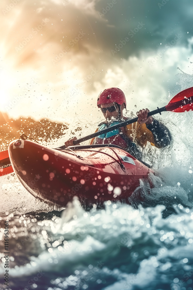 Fototapeta premium Kayaking Stunt in Rapid Waters with Splashes and Waves.