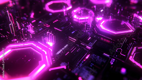 Abstract futuristic city glowing with pink neon lights.