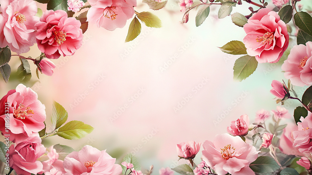 Obraz premium Beautiful pink floral frame background with space for text or photo, pastel flowers border on a soft light background