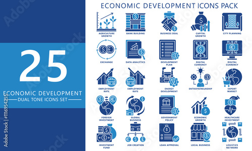 Economic development dual tone icons set. contain digital money, export, analysis, development, loan, exchange, investment and more. Vector EPS 10 for UI or UX kit, web and app, business, finance.