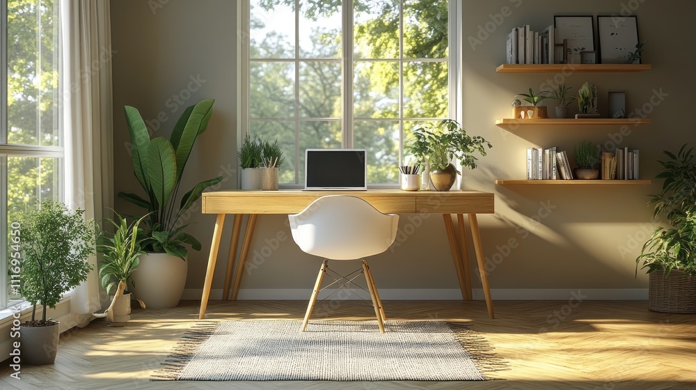 Fototapeta premium Sunlit home office with wooden desk, white chair, plants, and bookshelves.