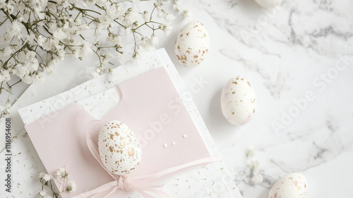 Speckled Easter eggs with pink card and flowers on marble photo