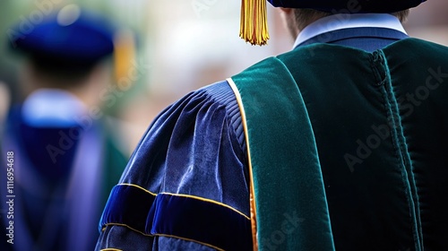 Rear view of a graduate in academic regalia at commencement ceremony.
