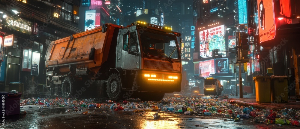 A futuristic city street scene with a garbage truck amidst scattered trash and neon lights. A futuristic city street scene with a garbage truck amidst scattered trash and neon lights.