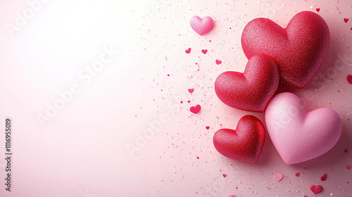 3D pink and red hearts on a pastel background with copy space, a Valentine's Day concept