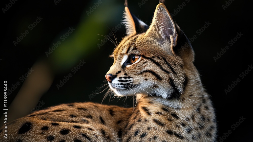 Obraz premium Close-up of a Eurasian lynx in profile, illuminated by golden light against a dark background.