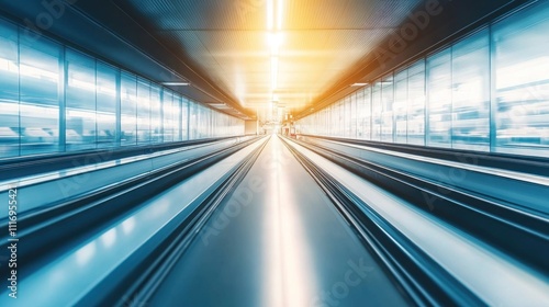 Modern airport moving walkway with bright light at the end.