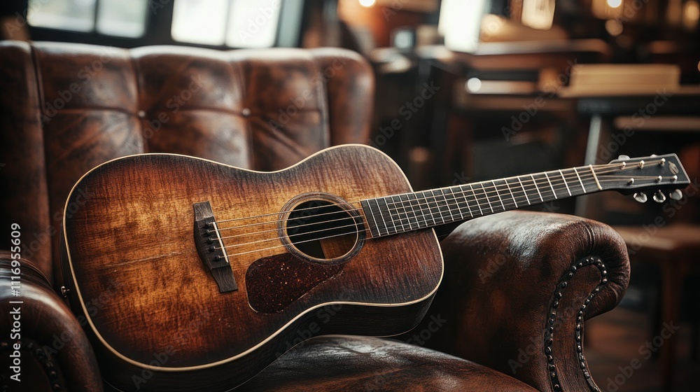 Fototapeta premium Acoustic guitar resting on a brown leather armchair in a vintage room.