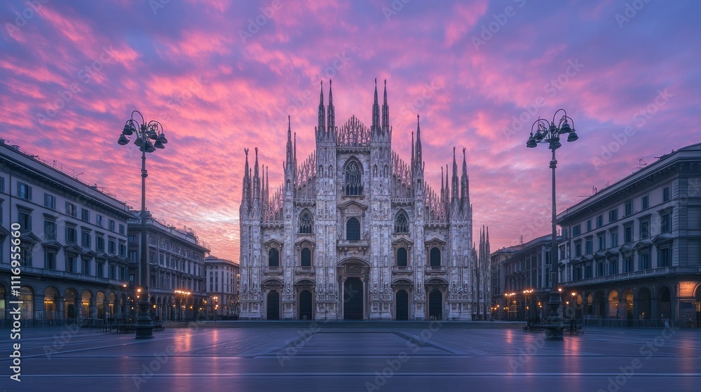 Fototapeta premium Majestic Milan Cathedral at sunrise, showcasing its Gothic architecture and the serene square.