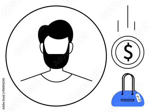 Bearded man in circular frame, dollar sign with downward arrows, blue handbag with price tag. Ideal for finance apps, budgeting, shopping, personal spending, e-commerce financial planning. Line