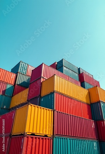 Colorful Cargo Containers Create a Geometric Masterpiece: Industrial Photography of Stacked Shipping Containers at Port with Vibrant Colors and Clear Blue Sky 