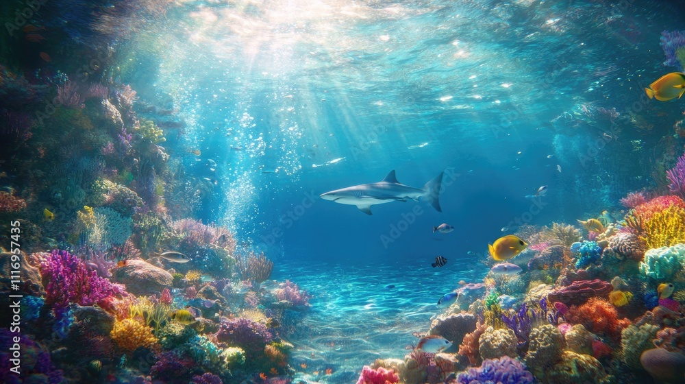 Fototapeta premium Shark swimming in vibrant coral reef ocean