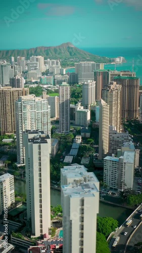 Aerial view of the magnificent tropical beaches and luxury hotels throughout the shoreline in Oahu island. Hawaii. U.S. photo