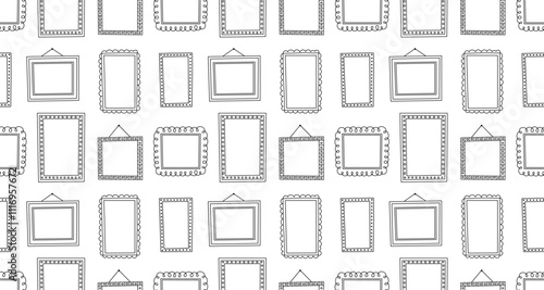 Doodle empty pictures pattern on white background. Square frames seamless pattern. Cute hand drawn frames cover background.