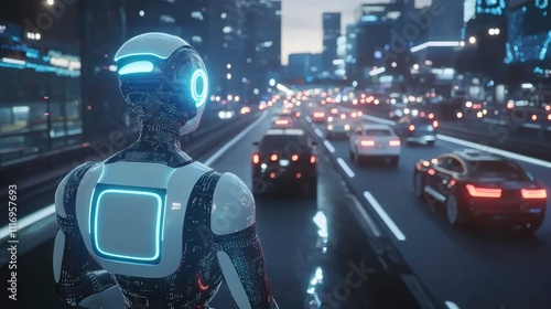 A futuristic robot observes a busy city highway at dusk, highlighting technology and urban life.