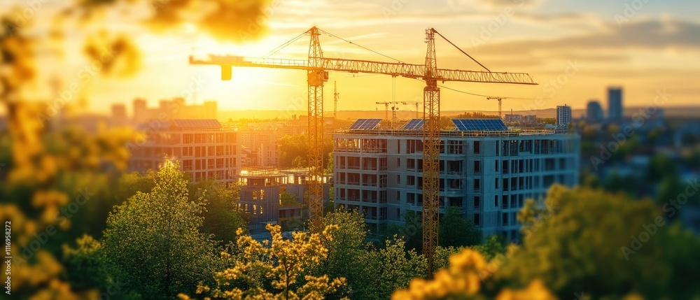 A construction site at sunset, showcasing cranes and buildings amidst greenery. A construction site at sunset, showcasing cranes and buildings amidst greenery.