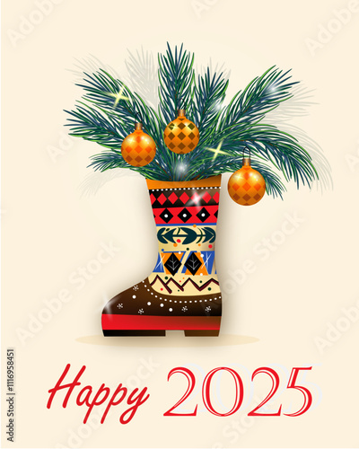 Festive Winter Boot with Pine Branches, Ornaments, and Replaceable Text. photo