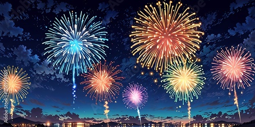 Anime cartoon style, Abstract colored fireworks background with beautiful fireworks lighting up the night sky. Bokeh effect
