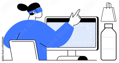 Person wearing VR headset interacting with computer screen, while seated at a desk with a water bottle and shopping bag. Ideal for technology, virtual reality, modern office, online shopping