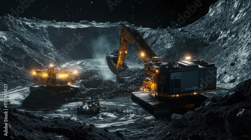 Fototapeta Naklejka Na Ścianę i Meble -  Excavation machinery operating on a lunar surface, showcasing space mining technology.