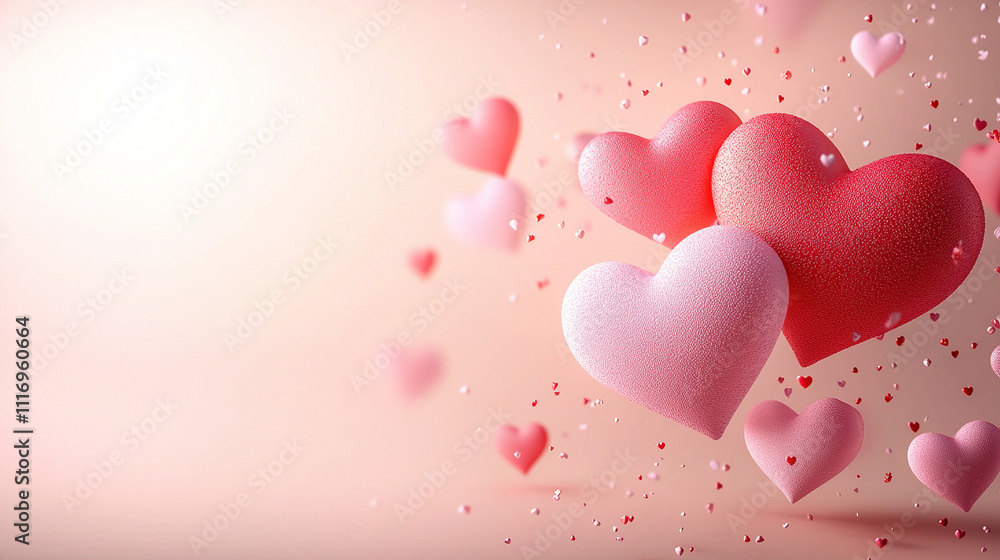 3D pink and red hearts on a pastel background with copy space, a Valentine's Day concept 3D pink and red hearts on a pastel background with copy space, a Valentine's Day concept