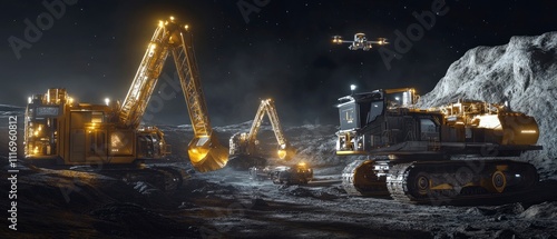 A futuristic lunar mining operation with heavy machinery and a drone. photo