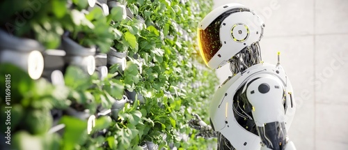 A humanoid robot interacts with a vertical garden, showcasing technology and sustainability.