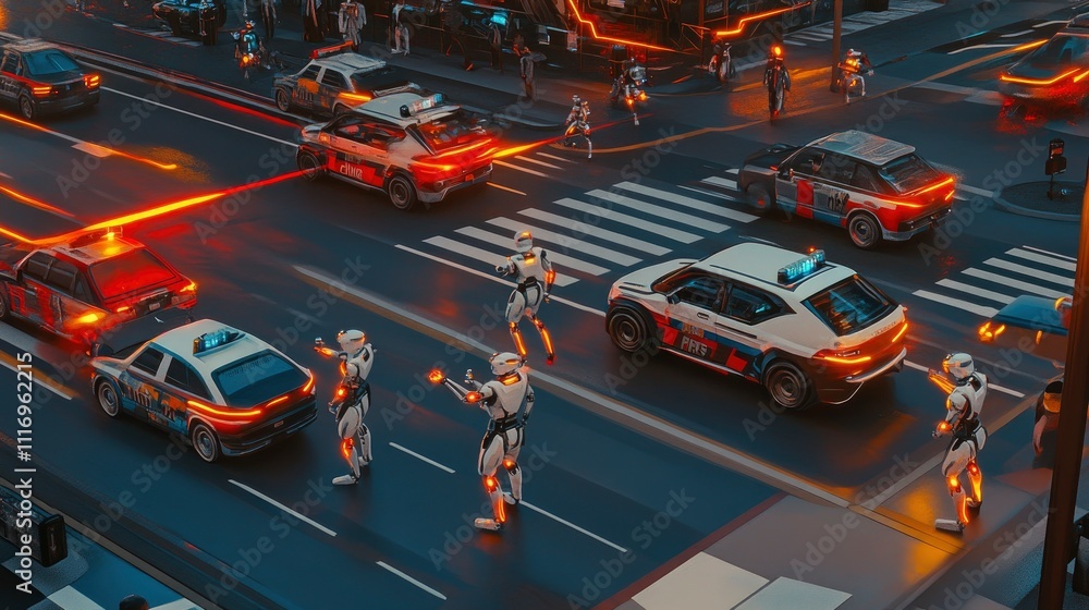 Obraz premium Futuristic city scene with robots directing traffic amidst glowing vehicles.