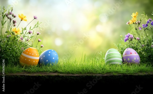 Happy Easter Celebration with Colorful Painted Eggs in a Green Grass Meadow under Sunny Spring Sky photo