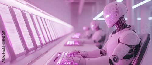 Futuristic robots working at digital interfaces in a high-tech environment.