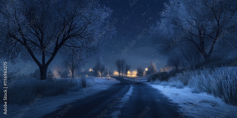 Countryside road bordered by frosty trees, bathed in the cold blue glow of moonlight and distant lights. Countryside road bordered by frosty trees, bathed in the cold blue glow of moonlight and distant lights.