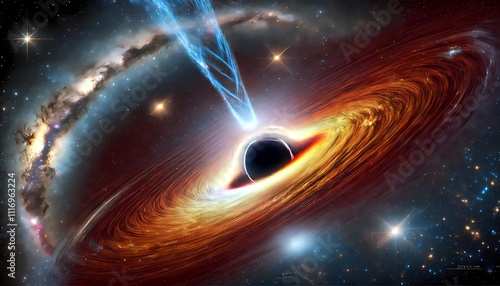 A massive black hole at the center of a galaxy, with light bending around it in a cosmic swirl