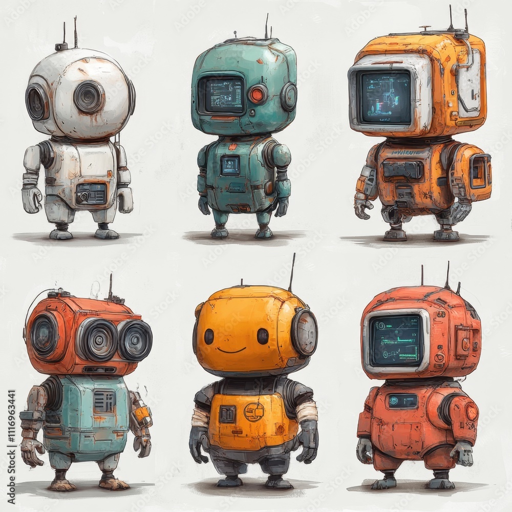 Fototapeta premium A set of various (Technology Cartoon Set) in full detail, isolated on a transparent background. 