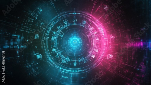 Wallpaper Mural Abstract digital circular design with glowing symbols and lines. Torontodigital.ca