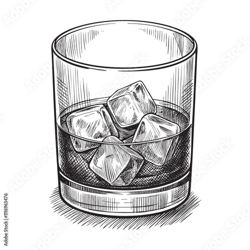 whiskey on the rocks engraving vector illustration