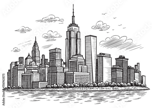 city skyline landscape engraving vector illustration