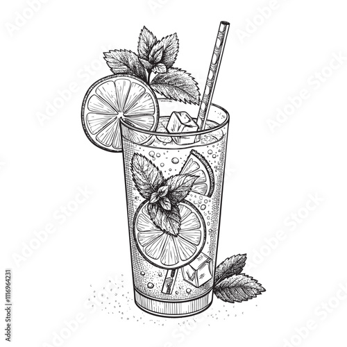 mojito cocktail engraving vector illustration