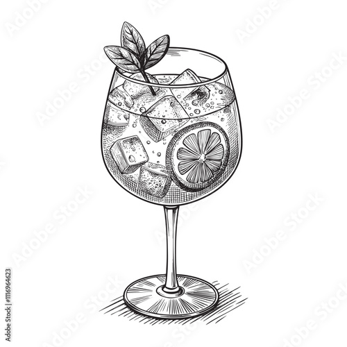gin and tonic engraving vector illustration