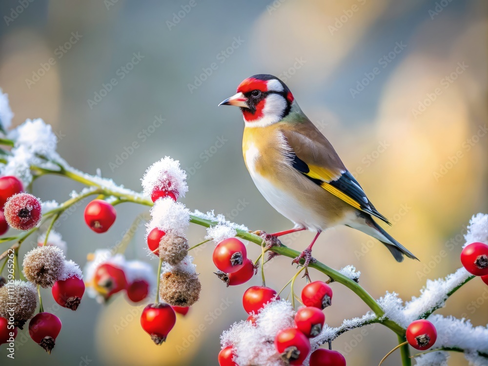 Captivating Silhouette of a European Goldfinch Amidst Frosted Red Rose Hips in a Winter Landscape Captivating Silhouette of a European Goldfinch Amidst Frosted Red Rose Hips in a Winter Landscape