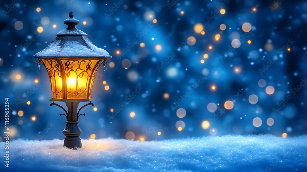 Snow Covered Lantern Glowing Brightly In Winter Night Snow Covered Lantern Glowing Brightly In Winter Night